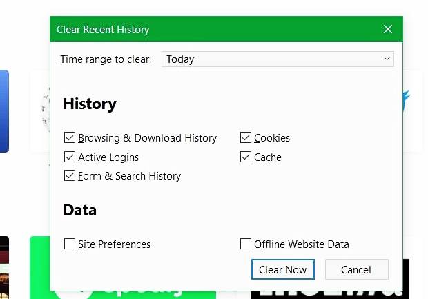 Stack of unimportant cookies and cache files on the browser mozila 